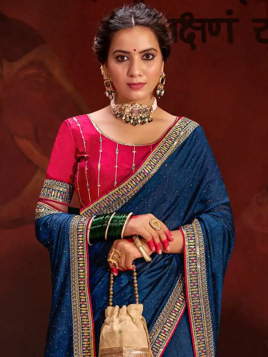 Blue Vichitra Bluming Embroidered Festival Party Heavy Border Saree