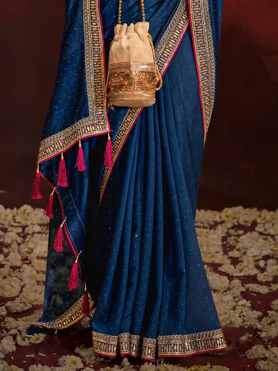 Blue Vichitra Bluming Embroidered Festival Party Heavy Border Saree