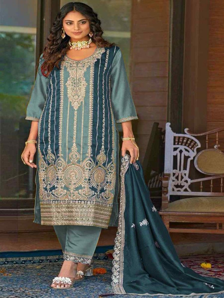 Blue Vichitra Embroidered Festival Party Pant Salwar Kameez