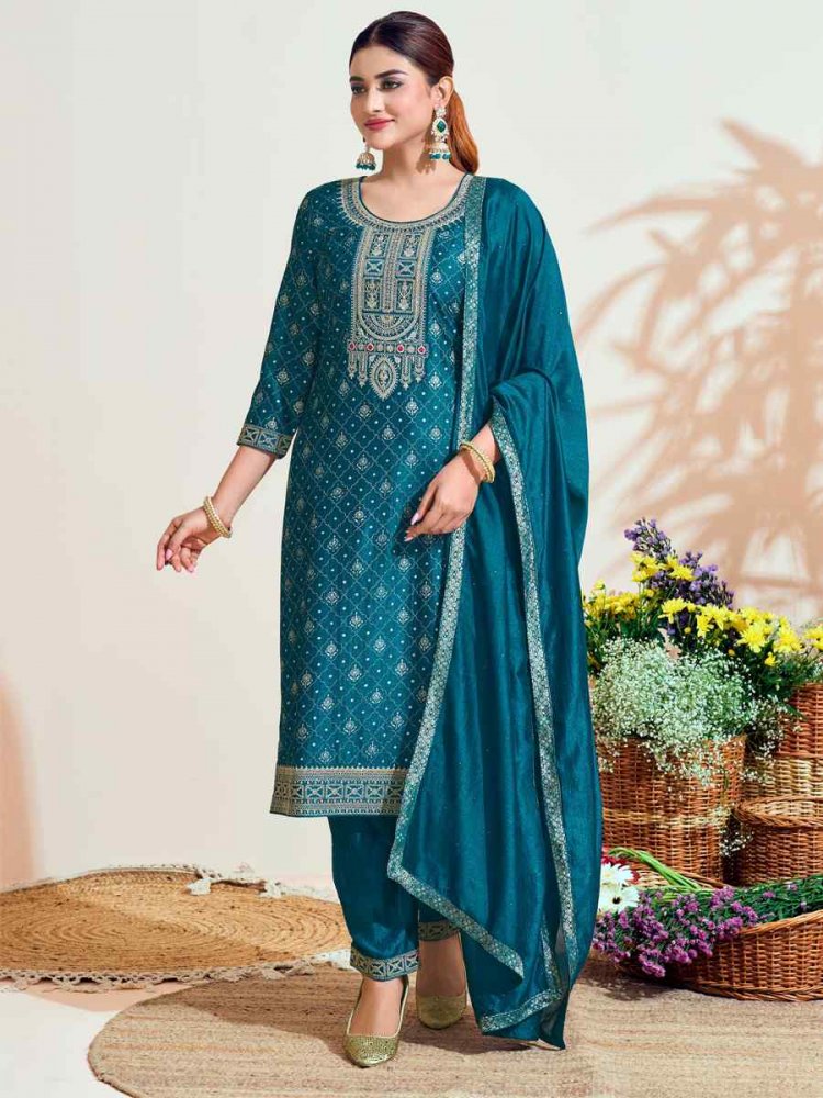 Blue Vichitra Silk Embroidered Festival Mehendi Ready Pant Salwar Kameez