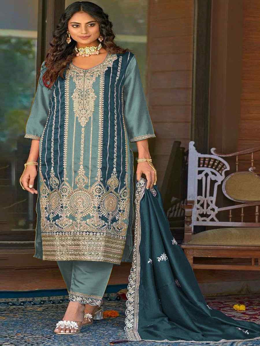 Blue Vichitra Silk Embroidered Festival Wedding Pant Salwar Kameez