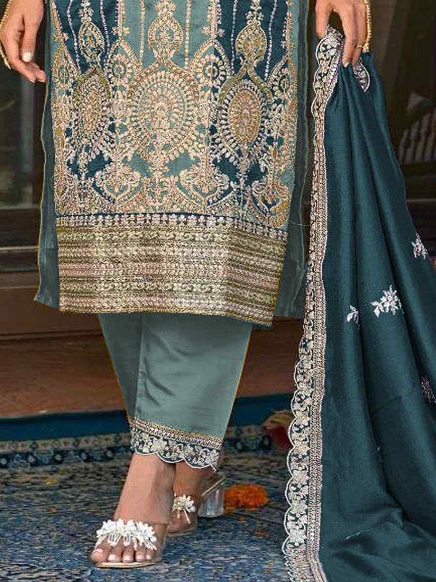Blue Vichitra Silk Embroidered Festival Wedding Pant Salwar Kameez