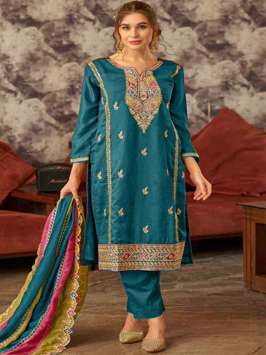 Blue Vichitra Silk Embroidered Festival Wedding Pant Salwar Kameez