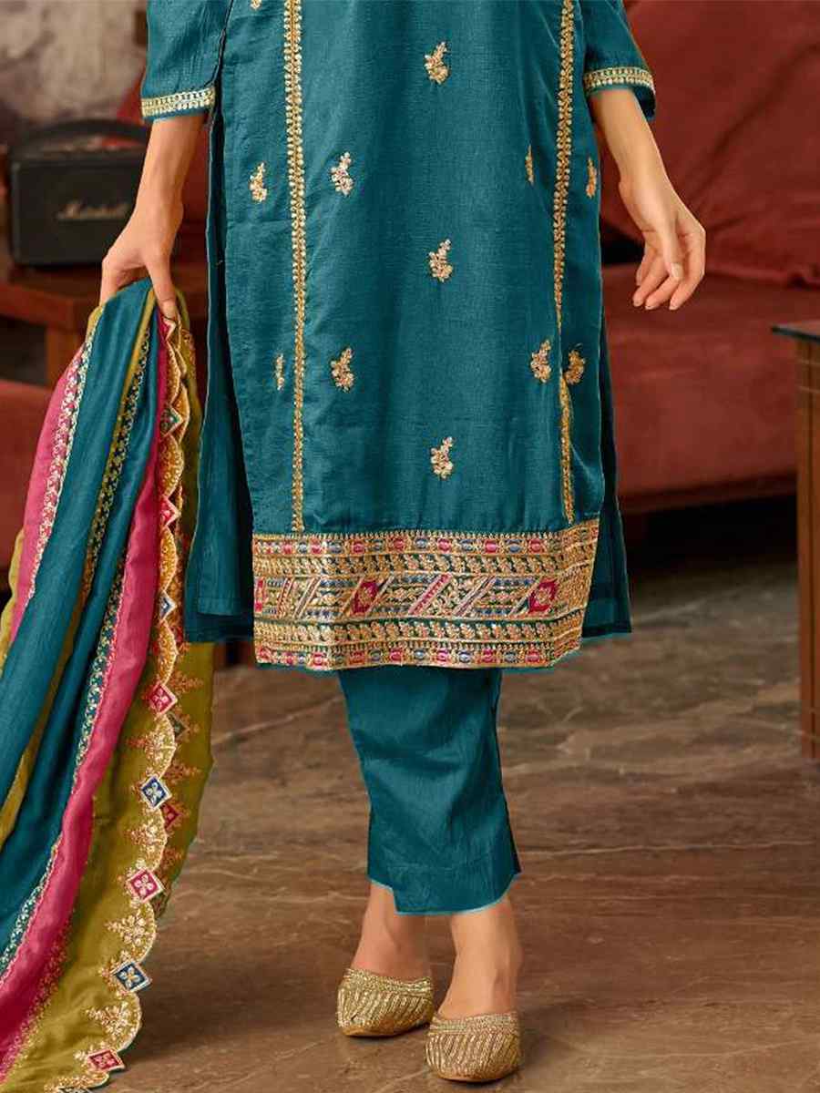 Blue Vichitra Silk Embroidered Festival Wedding Pant Salwar Kameez