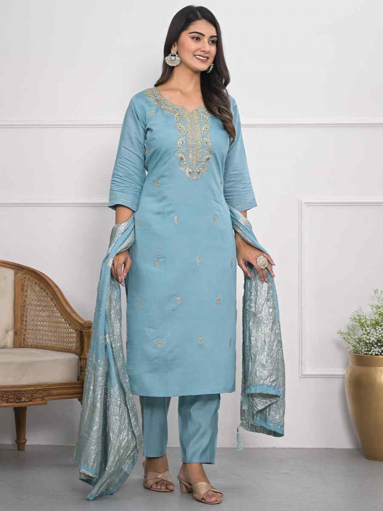 Blue Viscoce Silk Embroidered Festival Wedding Ready Pant Salwar Kameez