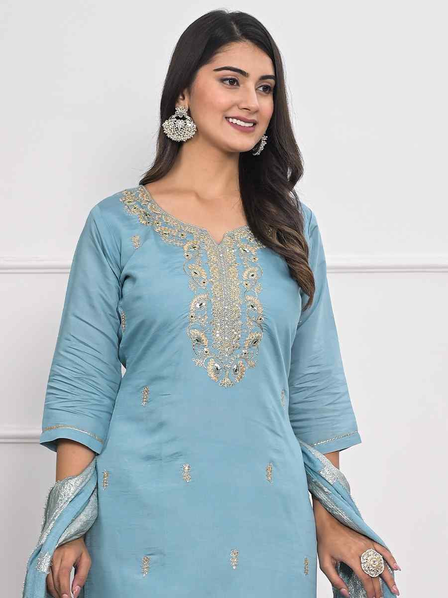 Blue Viscoce Silk Embroidered Festival Wedding Ready Pant Salwar Kameez