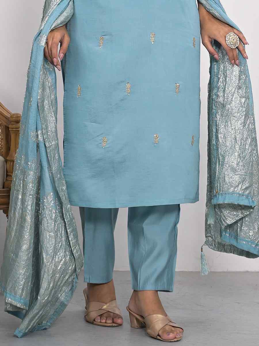 Blue Viscoce Silk Embroidered Festival Wedding Ready Pant Salwar Kameez