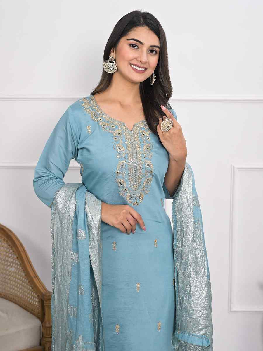 Blue Viscoce Silk Embroidered Festival Wedding Ready Pant Salwar Kameez