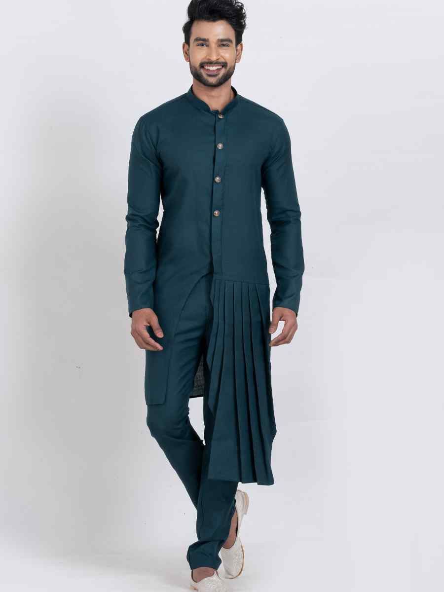 Blue Viscose PS Embroidered Festival Wedding Kurta Pyjama Men's Wear