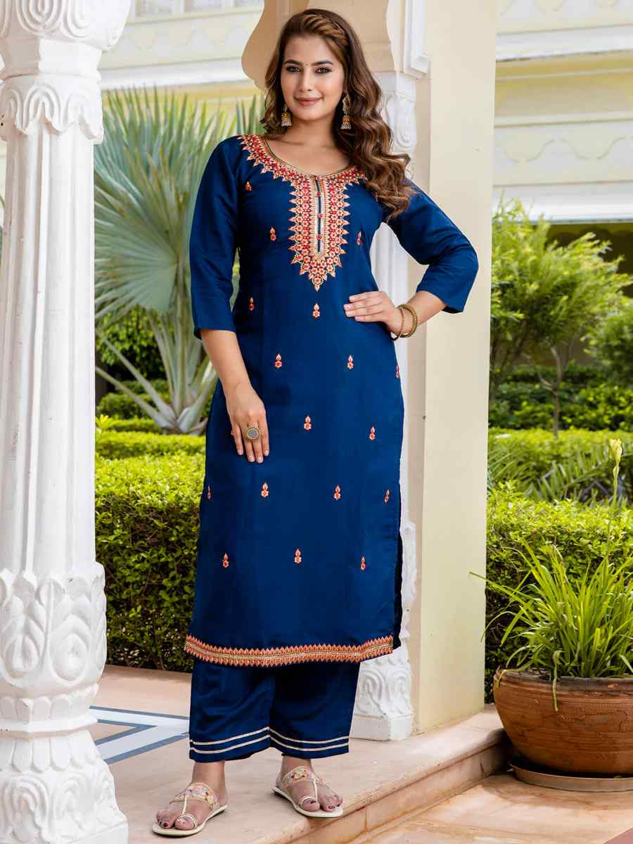 Blue Viscose Rayon Embroidered Festival Casual Ready Pant Salwar Kameez