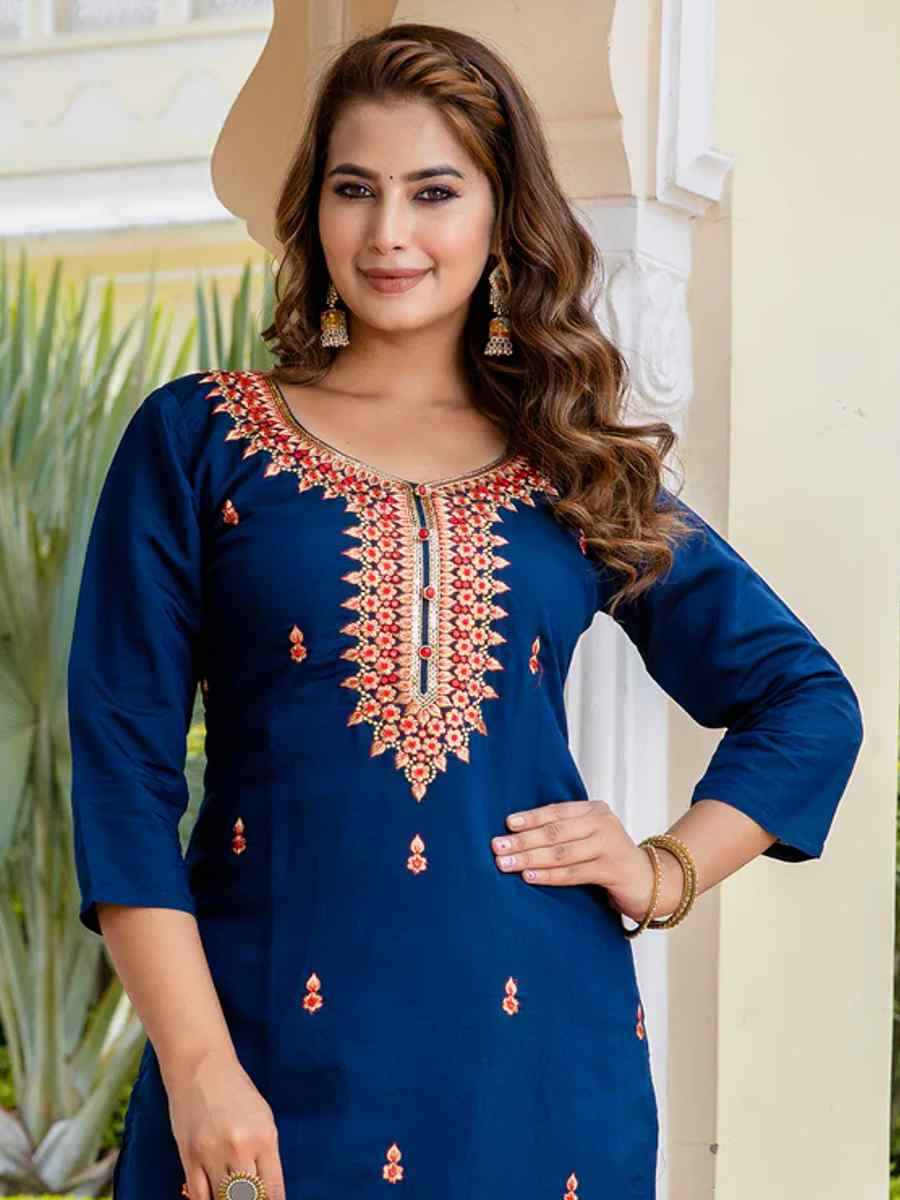 Blue Viscose Rayon Embroidered Festival Casual Ready Pant Salwar Kameez