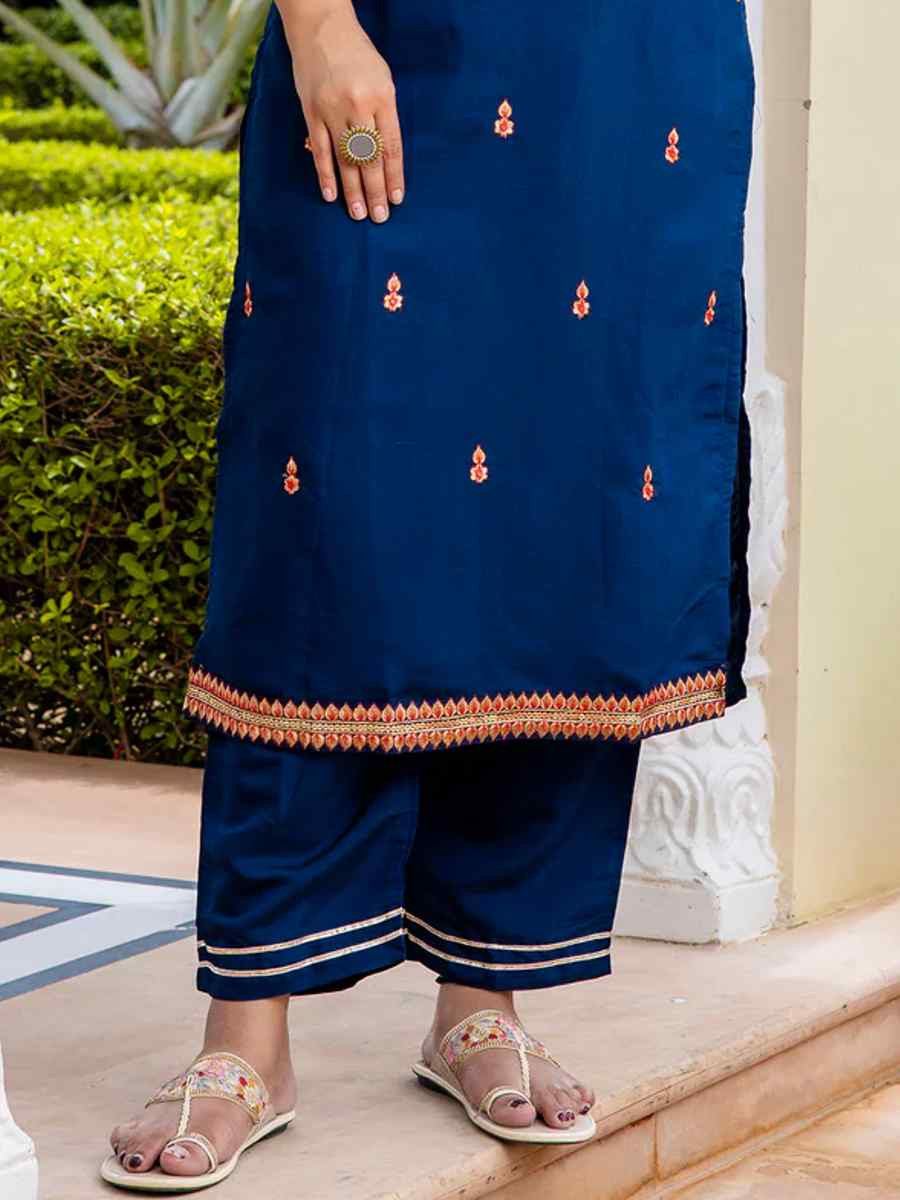 Blue Viscose Rayon Embroidered Festival Casual Ready Pant Salwar Kameez