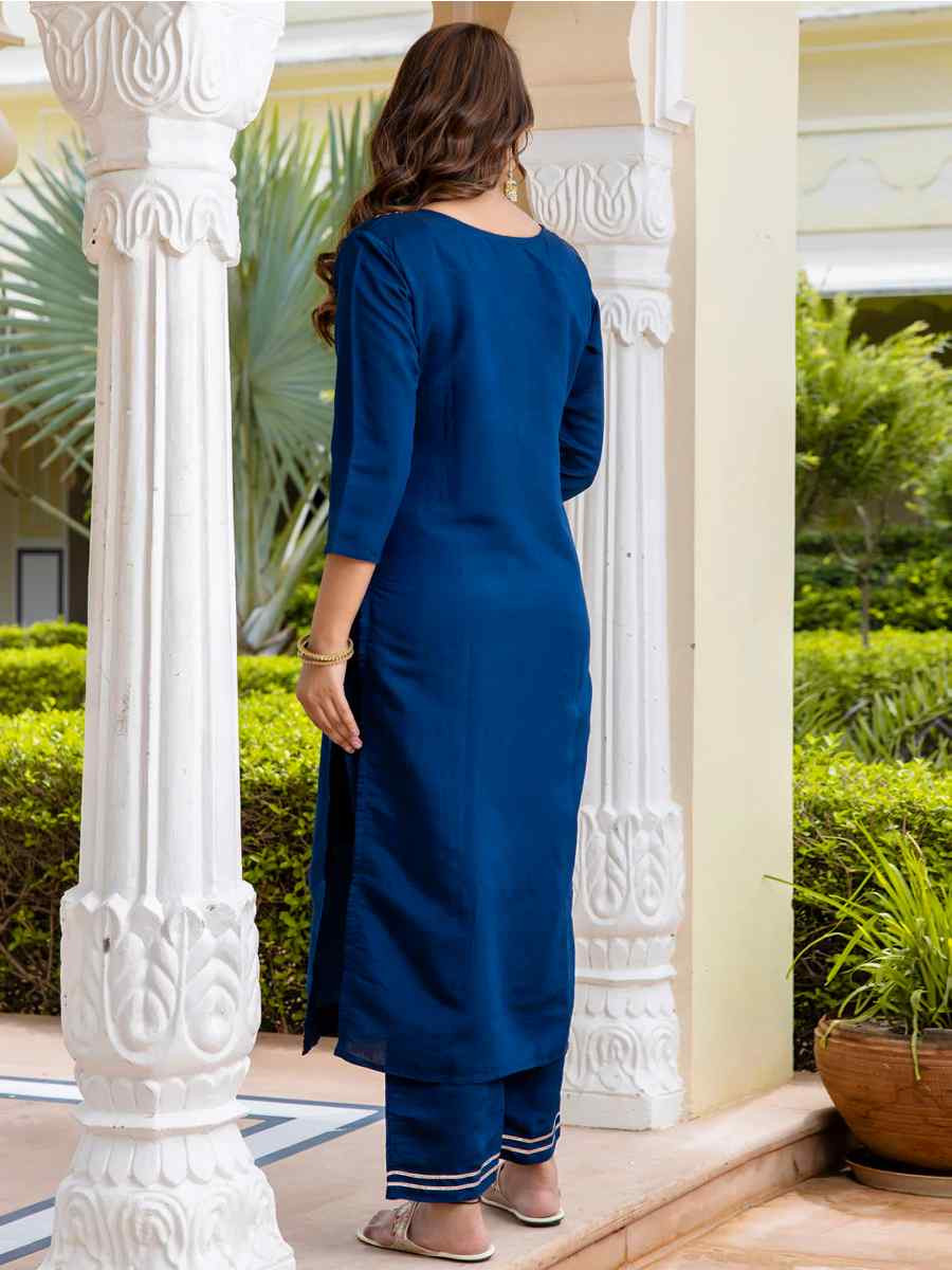 Blue Viscose Rayon Embroidered Festival Casual Ready Pant Salwar Kameez