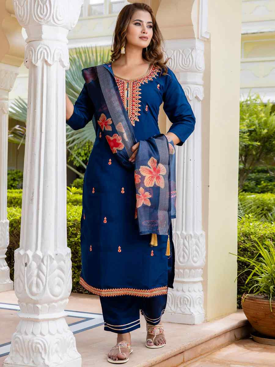 Blue Viscose Rayon Embroidered Festival Casual Ready Pant Salwar Kameez