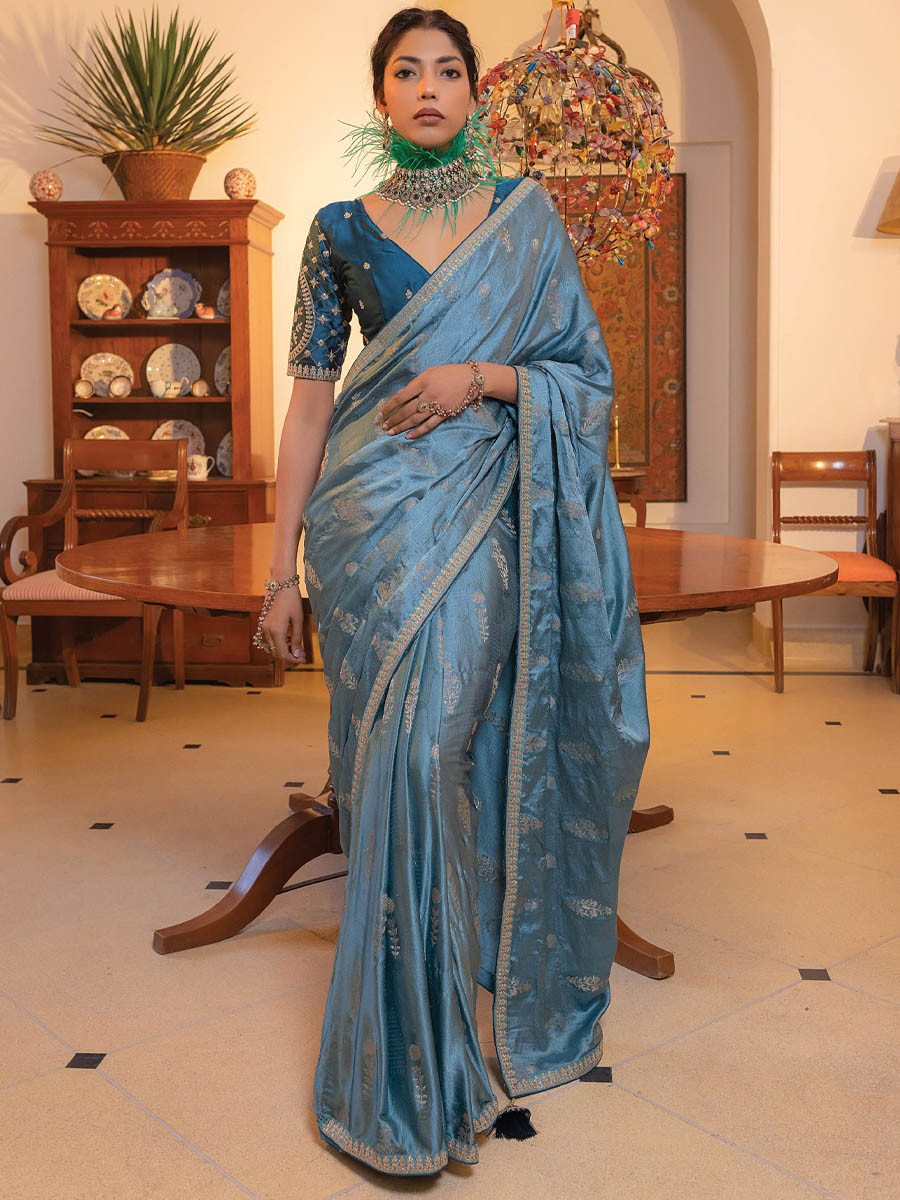 Blue Viscose Satin Silk Embroidery Festival Casual Classic Style Saree