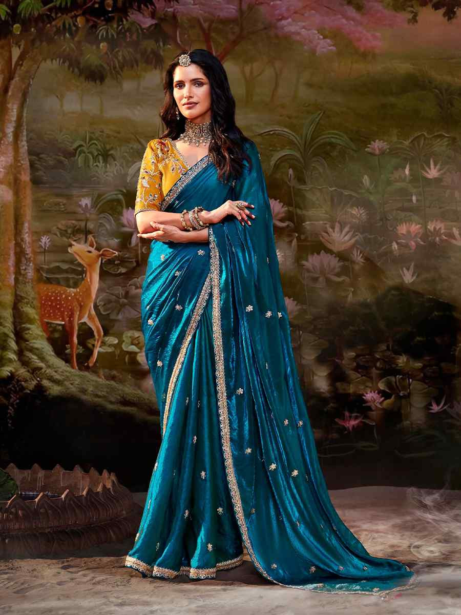 Bottle Blue Organza Chiffon Embroidered Reception Party Heavy Border Saree