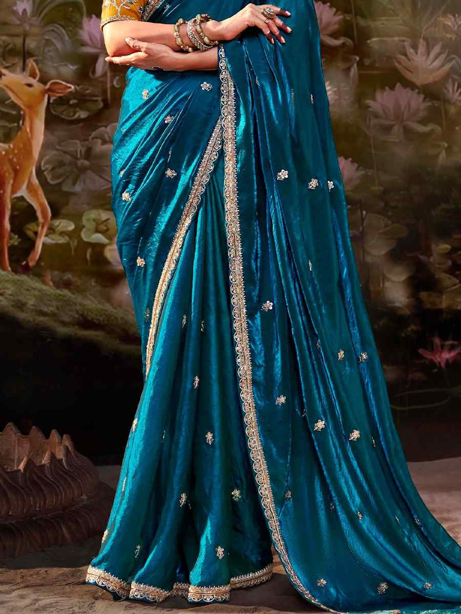 Bottle Blue Organza Chiffon Embroidered Reception Party Heavy Border Saree