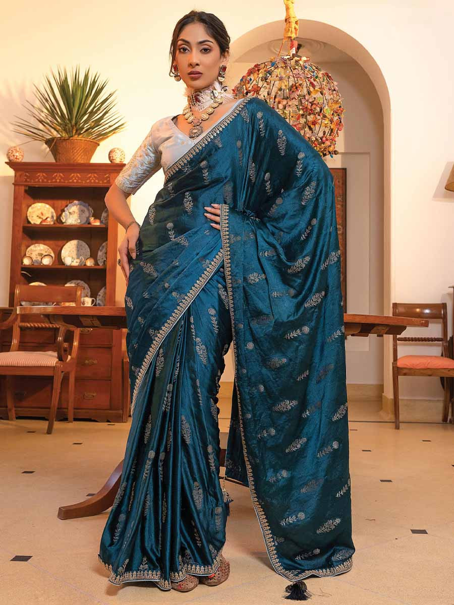 Bottle Blue Viscose Satin Silk Embroidery Festival Casual Classic Style Saree