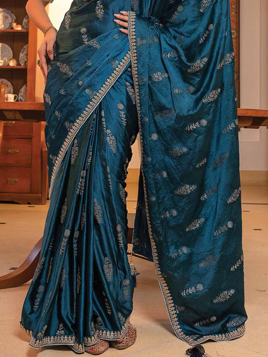 Bottle Blue Viscose Satin Silk Embroidery Festival Casual Classic Style Saree