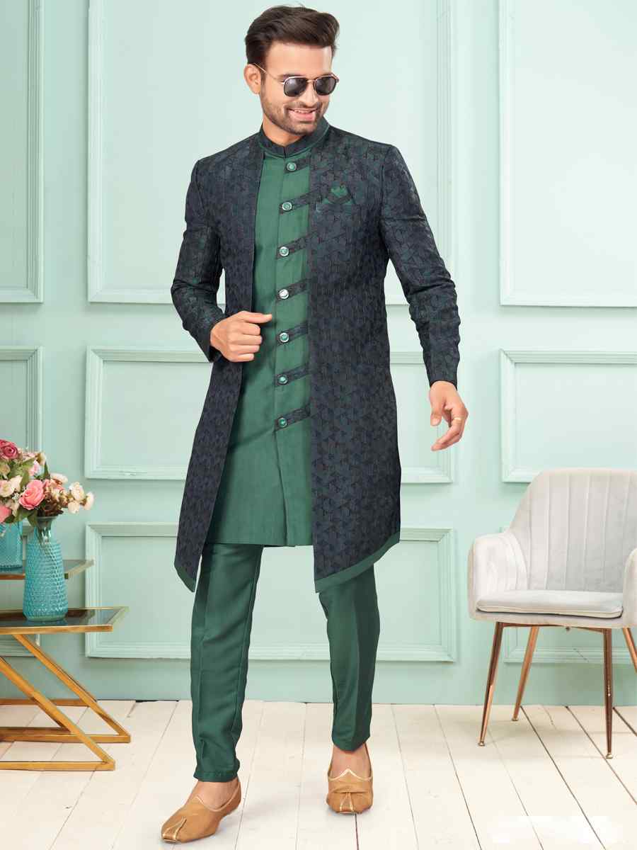 Bottle Green Art Silk Embroidered Festival Wedding Kurta