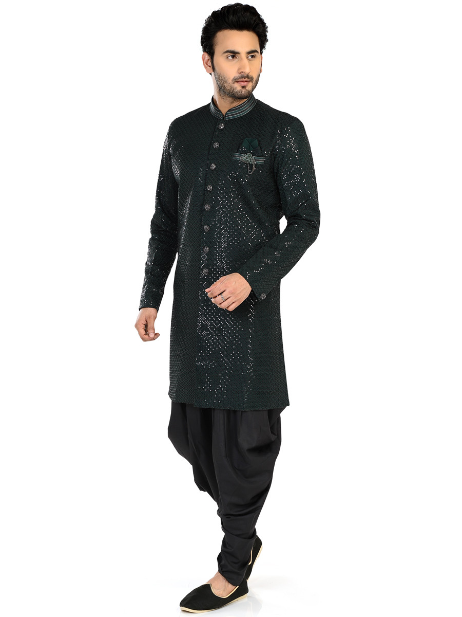 Bottle Green Art Silk Embroidered Party Wedding Kurta