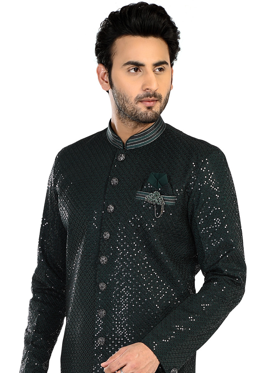 Bottle Green Art Silk Embroidered Party Wedding Kurta