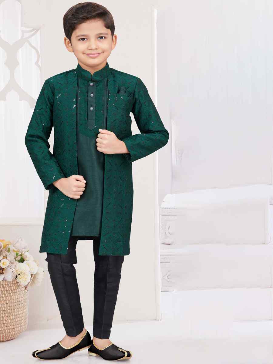 Bottle Green Banarasi Silk Embroidered Festival Wedding Kurta Pyjama Boys Wear