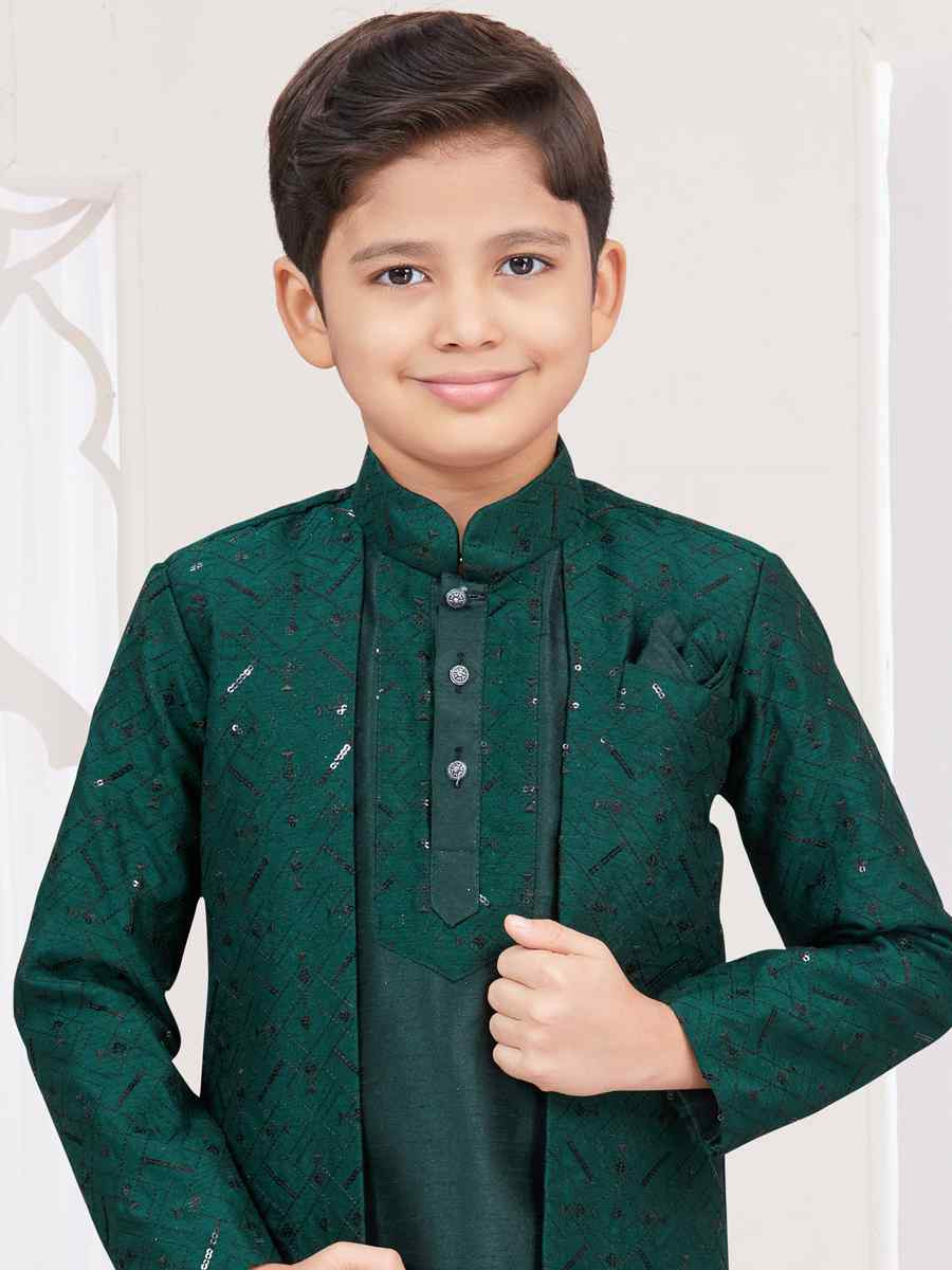 Bottle Green Banarasi Silk Embroidered Festival Wedding Kurta Pyjama Boys Wear