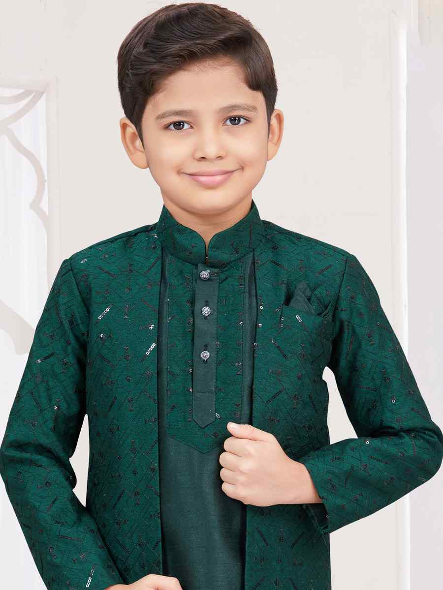 Bottle Green Banarasi Silk Embroidered Festival Wedding Kurta Pyjama Boys Wear