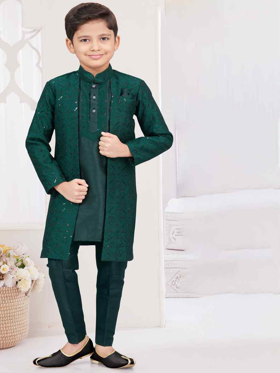 Bottle Green Banarasi Silk Embroidered Festival Wedding Kurta Pyjama Boys Wear