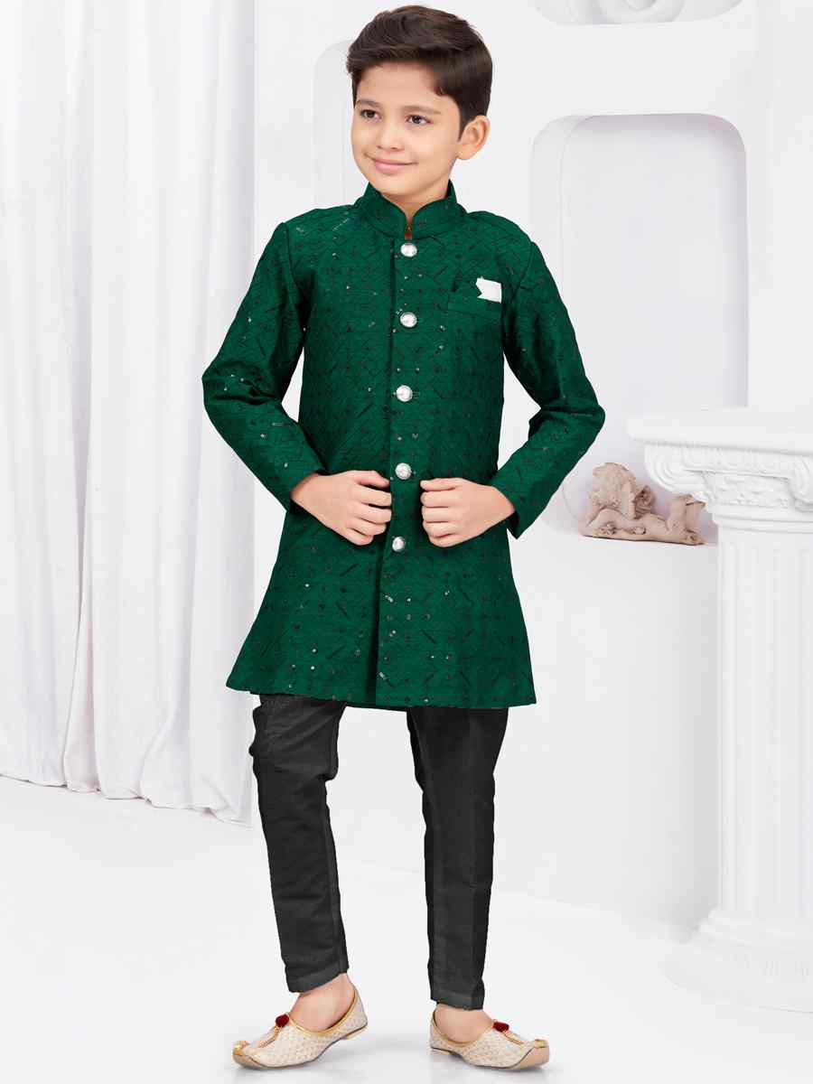 Bottle Green Banarasi Silk Embroidered Festival Wedding Kurta Pyjama Boys Wear