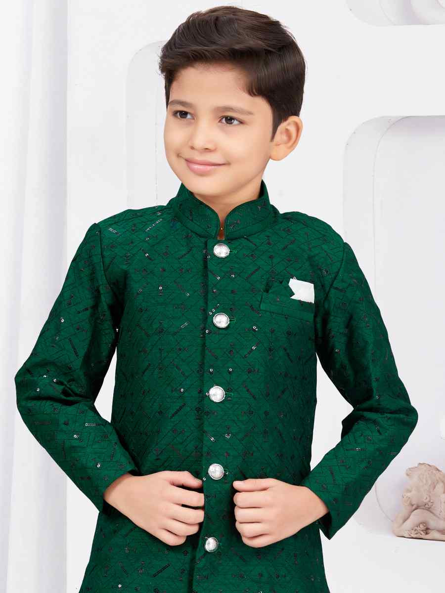 Bottle Green Banarasi Silk Embroidered Festival Wedding Kurta Pyjama Boys Wear