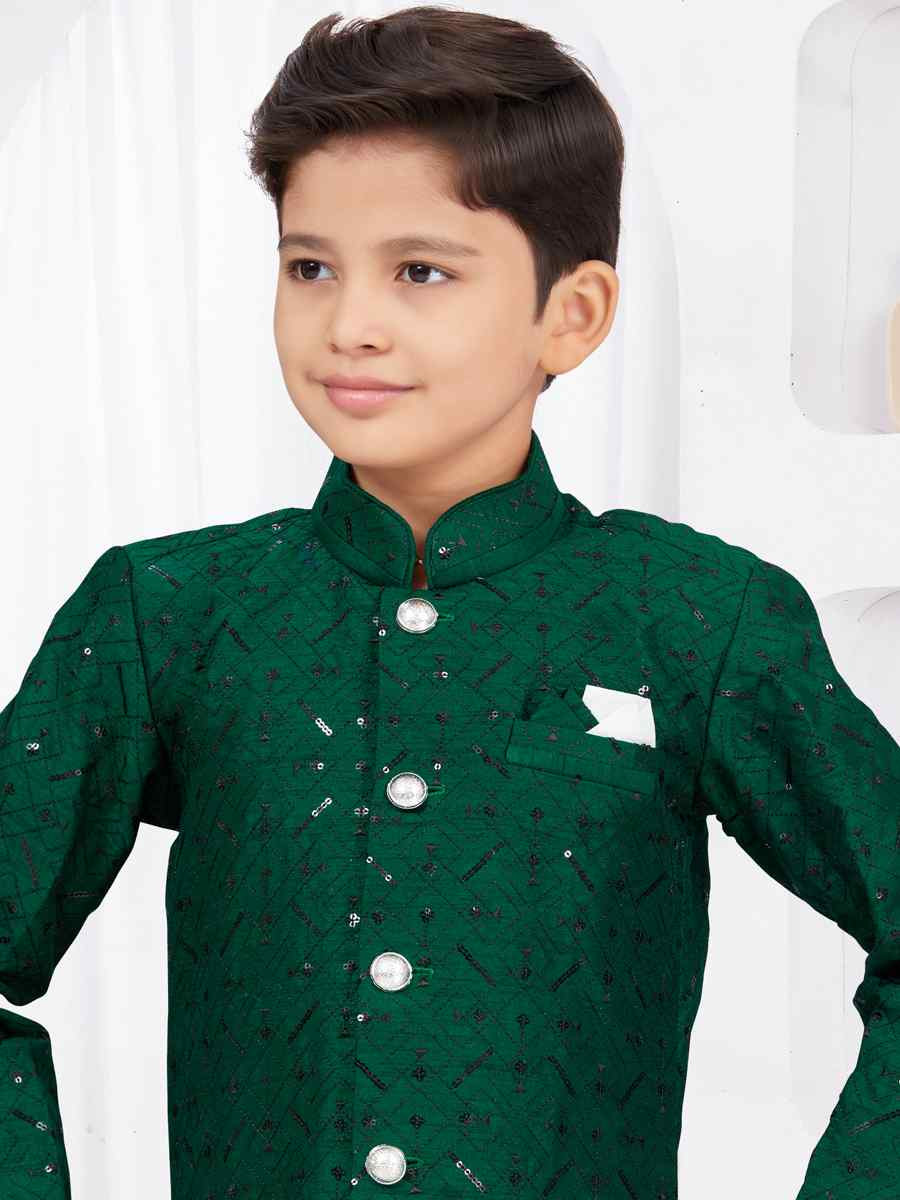 Bottle Green Banarasi Silk Embroidered Festival Wedding Kurta Pyjama Boys Wear