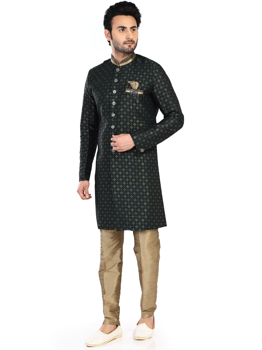 Bottle Green Cotton Embroidered Party Wedding Kurta