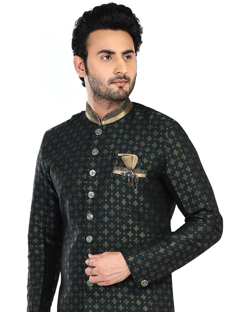 Bottle Green Cotton Embroidered Party Wedding Kurta