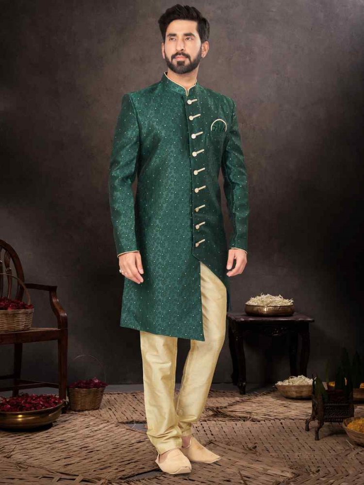 Bottle Green Jacquard Embroidered Festival Wedding Kurta