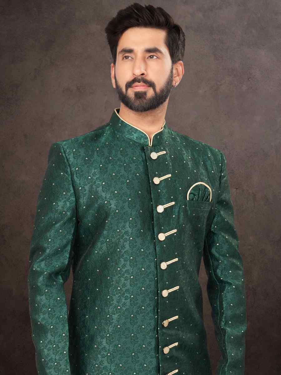 Bottle Green Jacquard Embroidered Festival Wedding Kurta