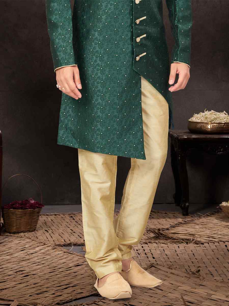 Bottle Green Jacquard Embroidered Festival Wedding Kurta