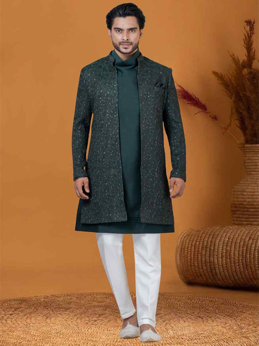 Bottle Green Jacquard Silk Woven Groom Wedding Sherwani