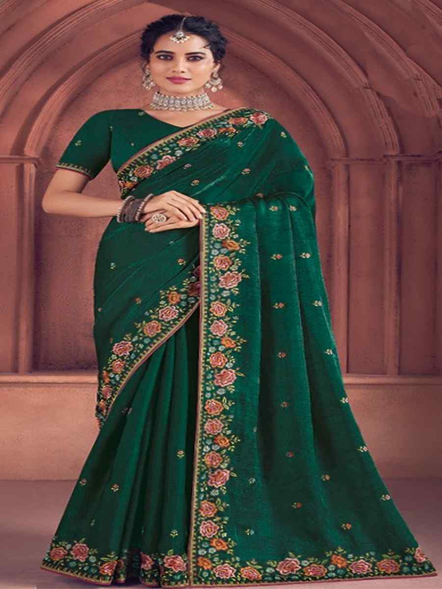 Bottle Green Organza Embroidered Bridesmaid Wedding Heavy Border Saree