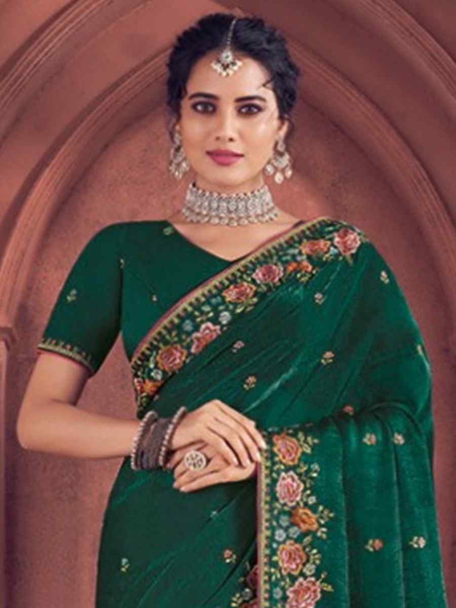 Bottle Green Organza Embroidered Bridesmaid Wedding Heavy Border Saree