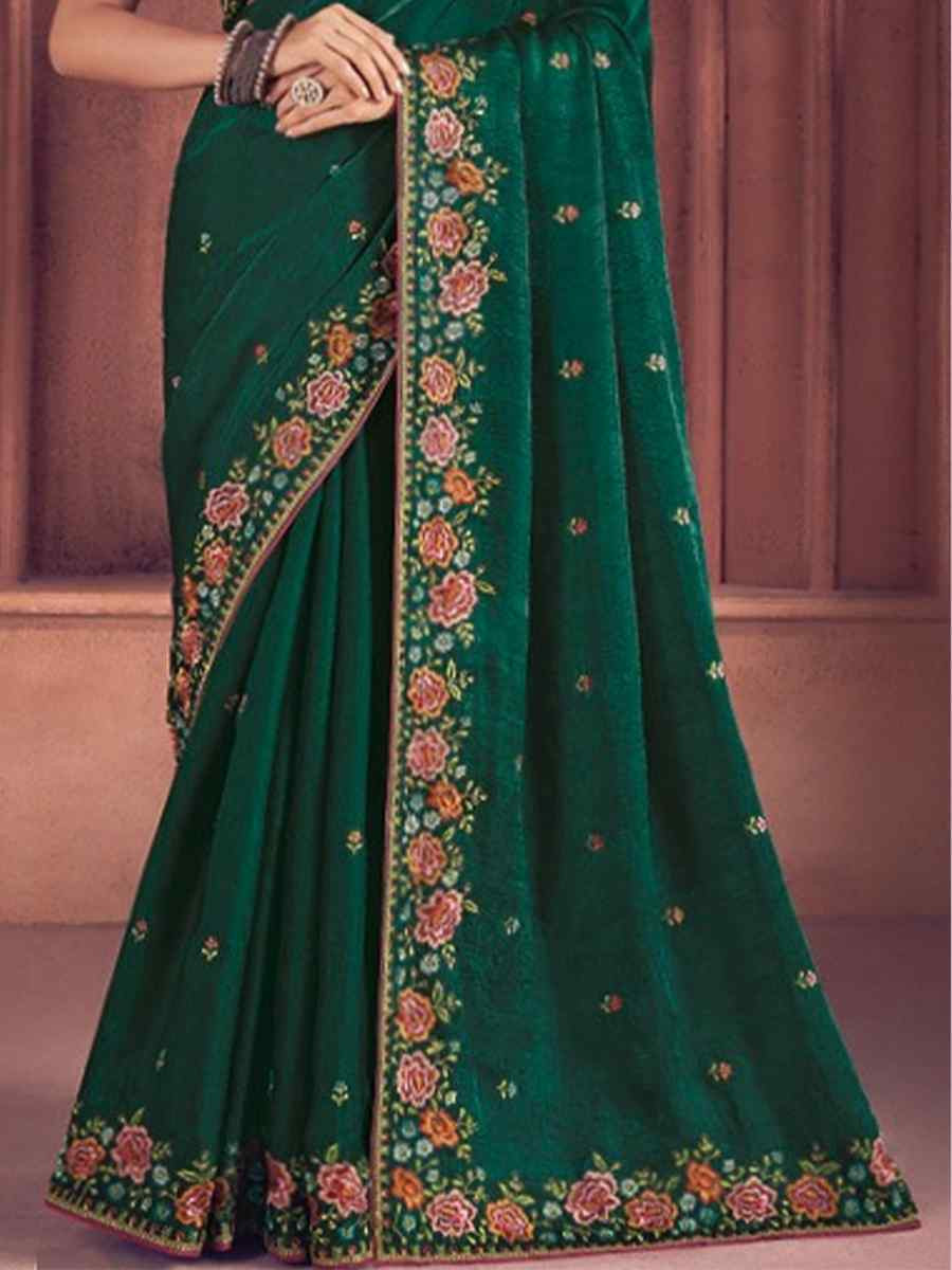 Bottle Green Organza Embroidered Bridesmaid Wedding Heavy Border Saree