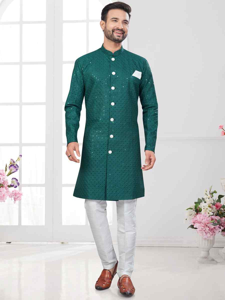 Bottle Green Silk Dupion Embroidered Festival Wedding Sherwani