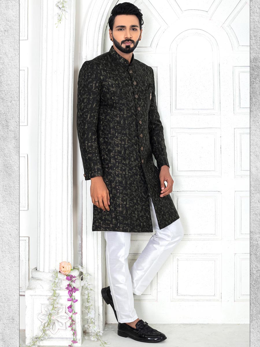 Bottle Green Silk Embroidered Wedding Groom Sherwani