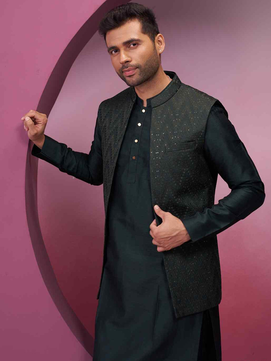 Bottle Green Silk Woven Groom Wedding Kurta