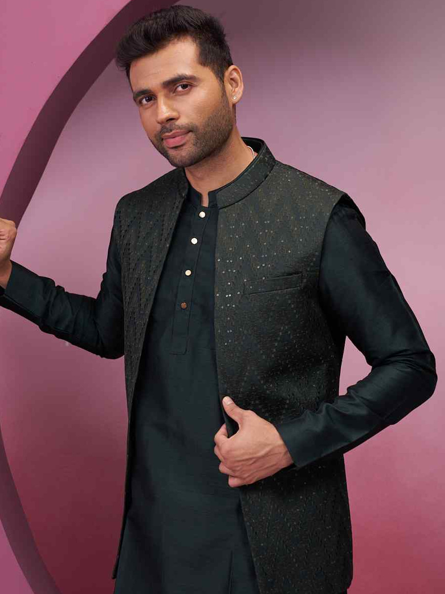 Bottle Green Silk Woven Groom Wedding Kurta