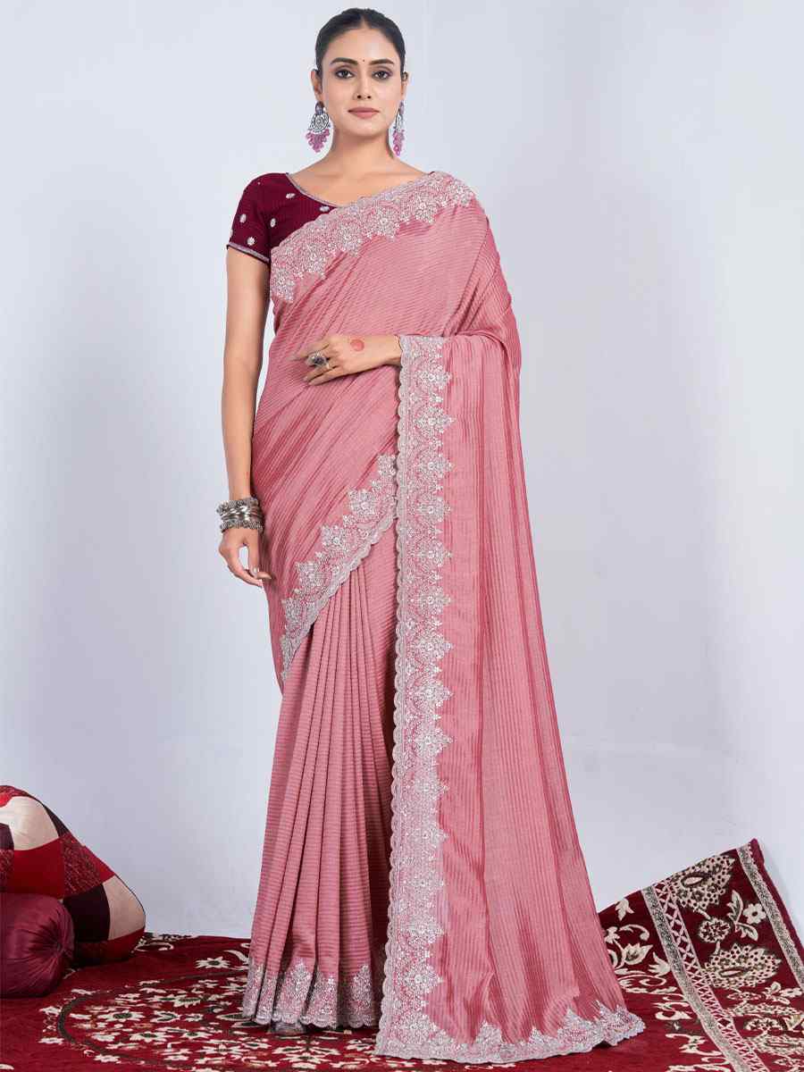 Brick Red Rangoli Embroidered Wedding Party Heavy Border Saree