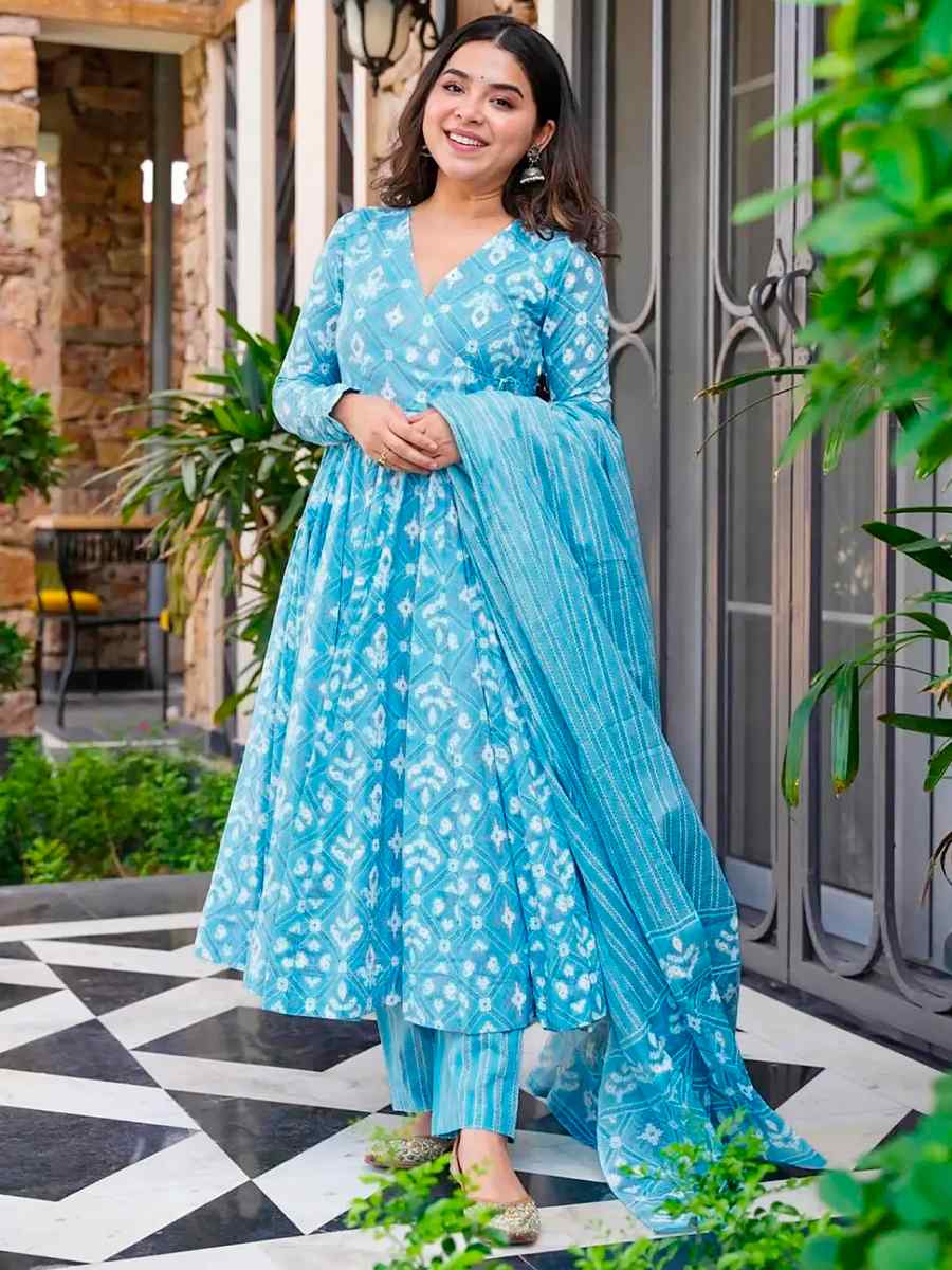 Bright Blue Pure Maslin�Printed Casual Festival Anarkali Salwar Kameez