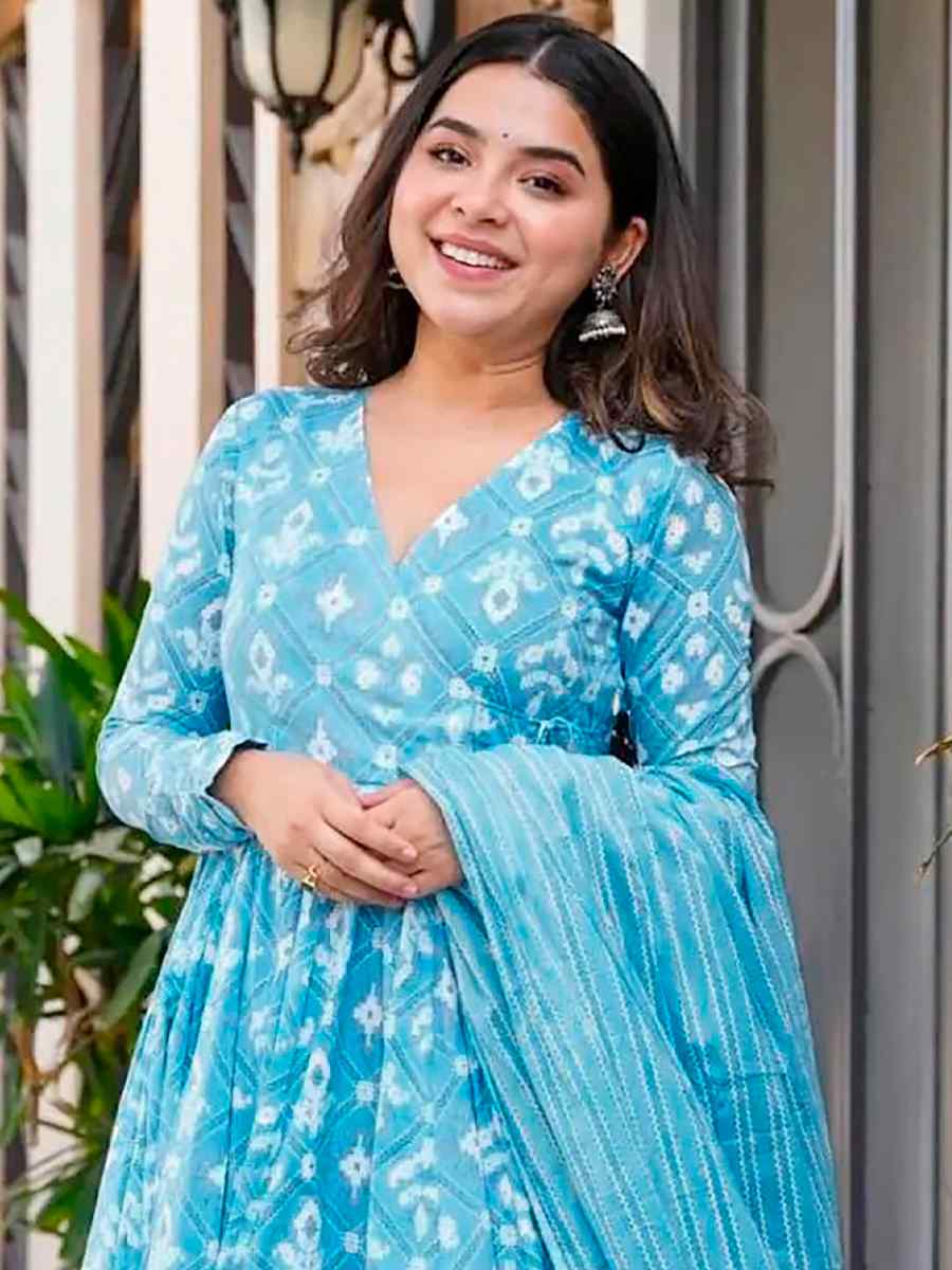 Bright Blue Pure Maslin�Printed Casual Festival Anarkali Salwar Kameez