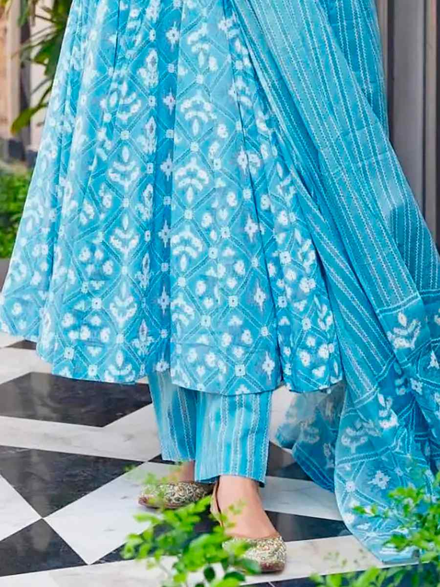 Bright Blue Pure Maslin�Printed Casual Festival Anarkali Salwar Kameez